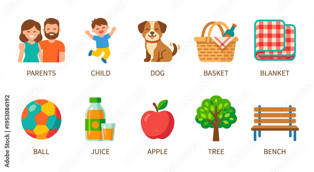 Fototapeta premium A cheerful flat design illustration showcasing icons of parents, child, dog, picnic basket, blanket, ball, juice, apple, tree and bench, perfect for summer or outdoor themes.