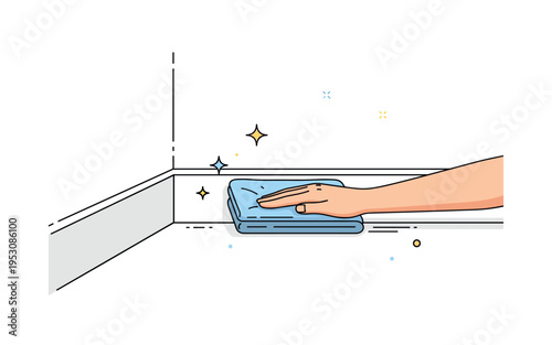 Home maintenance detail showing careful wiping along a crisp white baseboard with a folded microfiber cloth. A minimal wall corner and subtle shine effect