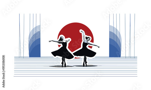 Black and white vintage stage scene with two dancers mid-spin, bold deep red circle behind them like a theatrical spotlight, thin horizontal blue lines