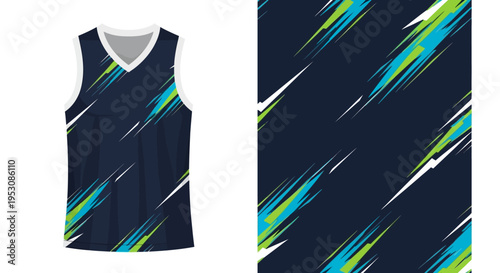 Men's athletic jersey with abstract teal and lime diagonal streaks on navy fabric.