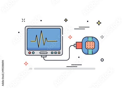 Real time vital signs monitoring scene with a waveform graph displayed on a compact screen linked to a wearable patch icon. Gentle sparkle accents and motion