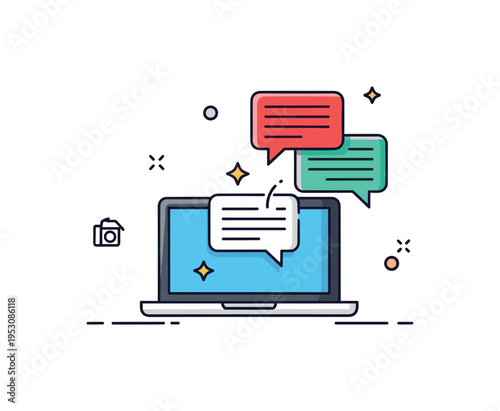 Social media pause simplified chat bubbles gently sliding behind a closed laptop icon. A clean visual metaphor for stepping back from online conversations.