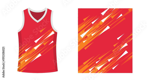 Red athletic jersey beside bold abstract poster design with orange streaks and vibrant patterns.