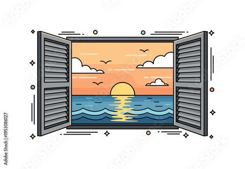 Seaside sunset framed by open window shutters showing calm ocean waves reflecting warm evening light, accompanied by subtle seagull silhouettes. The clean