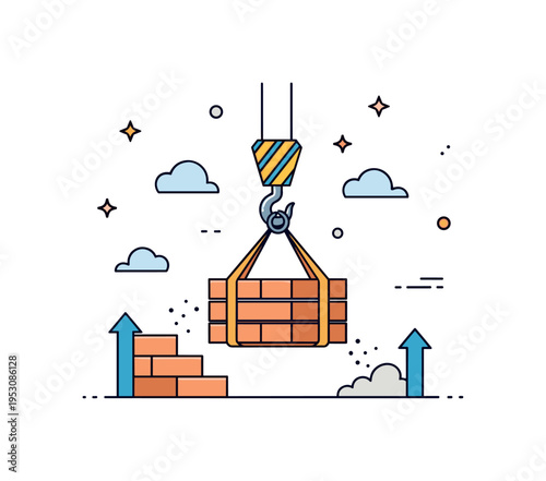 Construction site lifting operation featuring a bold crane hook carrying stacked bricks secured by straps. Simple cloud shapes and tiny dust accents convey