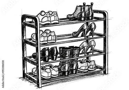 Hand-drawn sketch of a multi-tiered shoe rack filled with various types of footwear