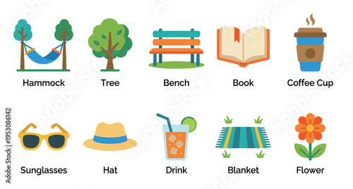 Flat vector illustrations of summer recreation items like a hammock, tree, bench, book, coffee cup, sunglasses, hat, drink, blanket, and flower arranged in a grid.