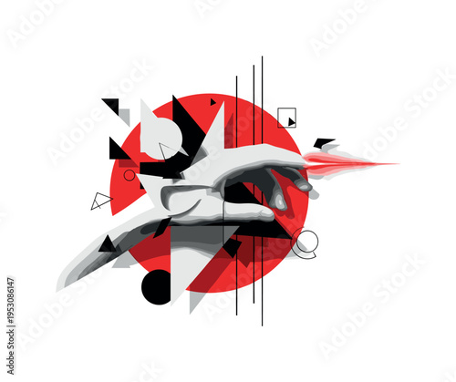 Close-up monochrome abstract hand-like form emerging from geometric shapes, framed by a bold red circle and thin vertical structural lines, intense flash of