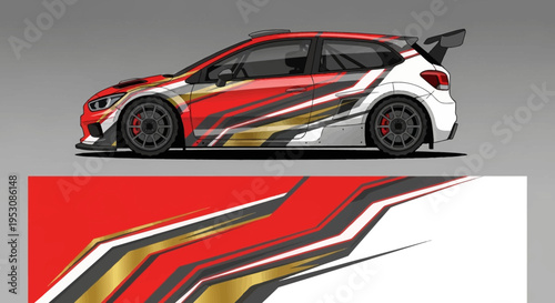 Racing hatchback with dynamic red and yellow graphics on a gray studio backdrop.