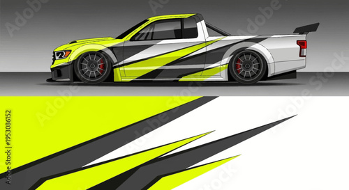 Sleek yellow and black race car displayed with dynamic graphics in a studio backdrop.