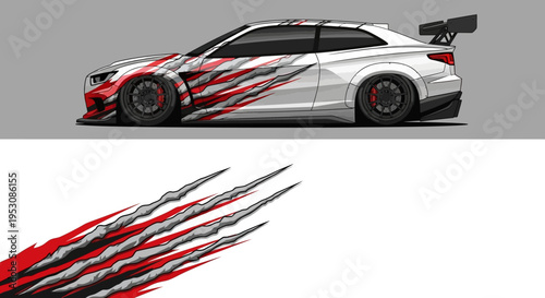 Sleek white race car with red and black graphic stripes on a gray studio background.