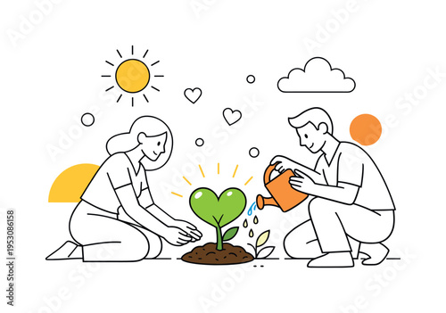 Fertility & Growth. Simplified figures nurturing a sprouting plant shaped like a heart or seed. The mood is warm and optimistic, focused on care, patience, and