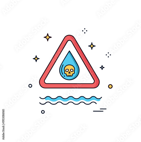 Water contamination alert symbol centered on a warning triangle enclosing a droplet with a small skull icon, accompanied by subtle wave lines below to indicate