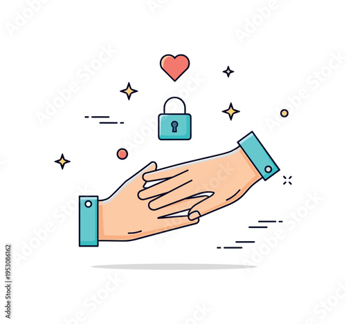 Trust and friendship theme two hands lightly touching with a small lock icon and heart accent above. A symbolic concept badge about confidentiality and loyal