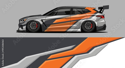 Sleek race car with orange and gray graphics shown in side profile and aerodynamic spoiler.