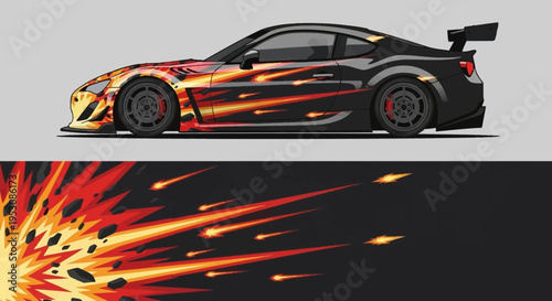 High speed race car with fiery flame livery, dramatic spoiler, and on-track action.