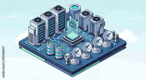 Isometric Data Center with Server Racks and Network Infrastructure.