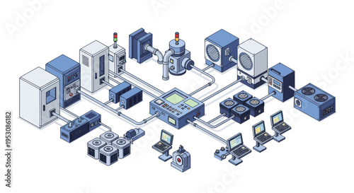 Isometric diagram of a complex industrial network with various machines and computers.