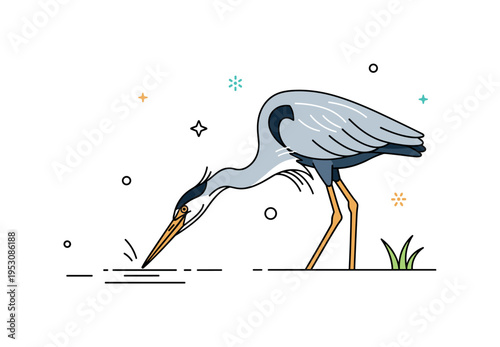 Heron hunting posture illustration centered on a bird leaning forward with focused gaze toward water surface, expressing patience and precision. The cohesive
