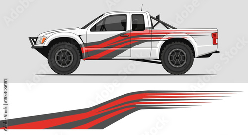 White pickup truck with red and blue racing stripes in a stylized sideview illustration.