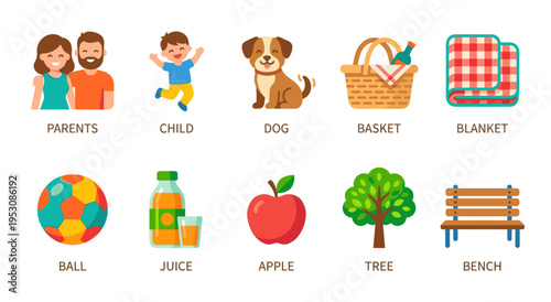 A cheerful flat design illustration showcasing icons of parents, child, dog, picnic basket, blanket, ball, juice, apple, tree and bench, perfect for summer or outdoor themes.