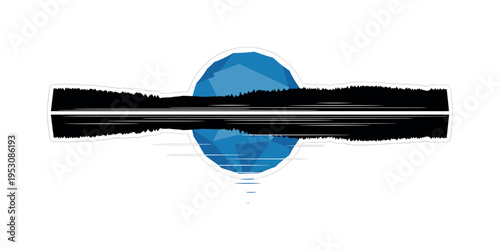 Black and white calm lake landscape with distant tree line reflected in water, bold blue geometric circle behind the horizon suggesting sun or moon, thin