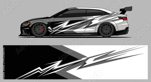 Sleek custom racing car with bold black and white graphic design and dynamic accents in a stylized illustration.