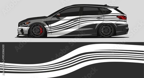 Stylized black and white racing car with flowing stripe graphics and bold design.