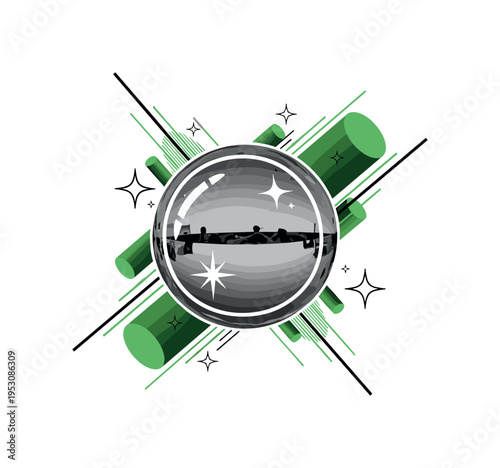 A realistic monochrome crystal ball centered in composition, combined with green cylindrical accents and diagonal lines expressing unseen forces, subtle
