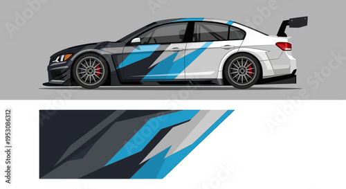 Sleek blue and gray racecar with dynamic aero livery and bold design.