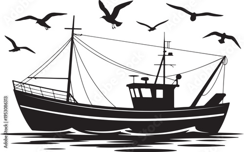 Black silhouette of fishing boat with seagulls