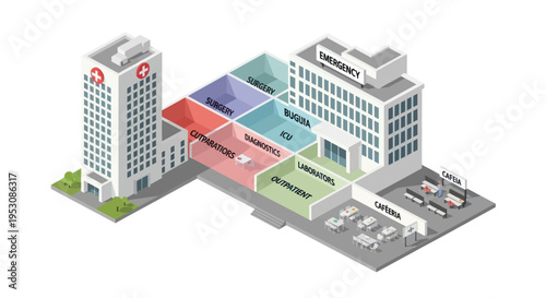 Isometric Hospital Building with Different Departments and Emergency Entrance.