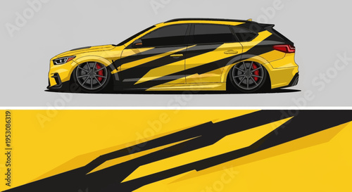 Sleek Yellow and Black Sports Car Profile with Graphic Stripes.