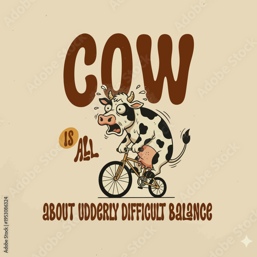 Cartoon cow riding bicycle fast.