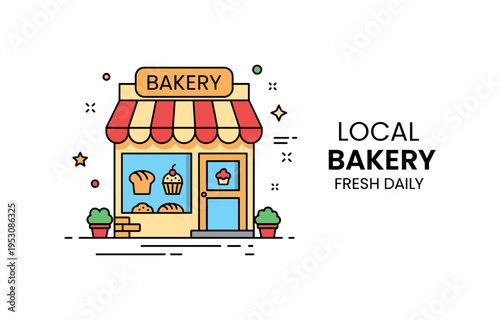 Bakery storefront icon featuring a small shop facade with bread and cupcake symbols in the window. A compact ?Local Bakery? text accent reinforces community,