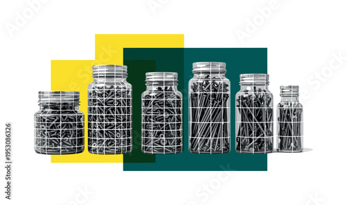 Black and white storage jars with screws and nails arranged in a tidy row, geometric cylinders and grid overlays symbolizing system and inventory, bright