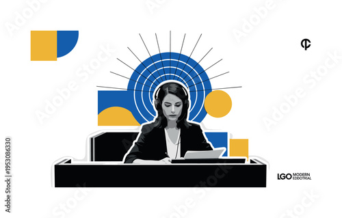 A realistic monochrome interpreter seated at a booth desk with headphones, bold concentric circles behind representing clarity and focus, abstract geometric