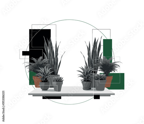 A monochrome arrangement of various potted plants symmetrically placed around a clean desk, oversized circular halo unifying the composition,