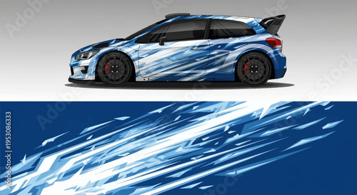 Sleek blue sports car with racing stripes showcased on a dynamic track, front and rear angles.