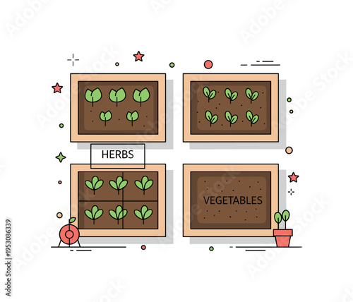 Garden planning layout simple top view of raised beds forming a tidy grid with labeled sections Herbs and Vegetables. A clean visual metaphor for organization,