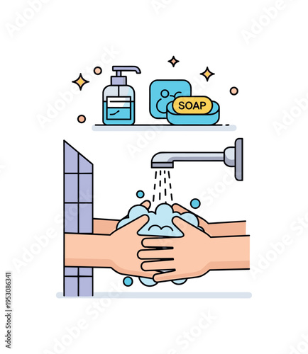 Washing hands in a public restroom with sanitizer and soap icons above, showing awareness of health and hygiene practices in modern life. Minimalist flat
