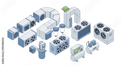 Isometric HVAC and industrial cooling systems collection.
