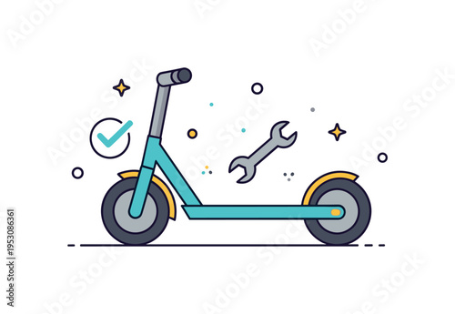 Scooter maintenance concept close up wheel with small wrench icon nearby and subtle check mark accent, symbolizing safety and upkeep. A compact editorial badge