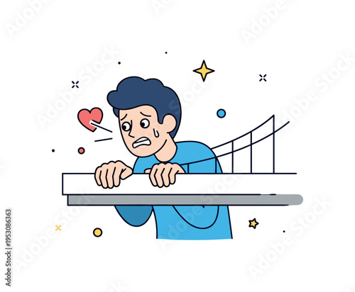 Person gripping the edge of a high ledge or bridge, heart racing and eyes wide, symbolizing fear of heights and intense emotional tension. Minimalist flat
