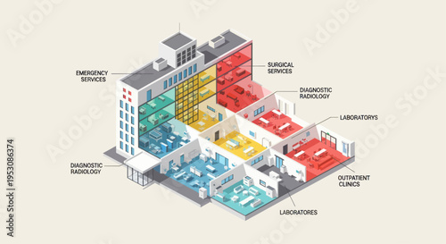 Isometric Hospital Building with Color-Coded Departments and Labels.