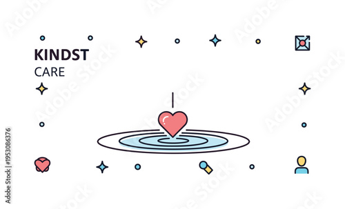 Kindness ripple effect single heart dropping into calm water creating expanding circular waves. A concise editorial illustration about how small acts of care