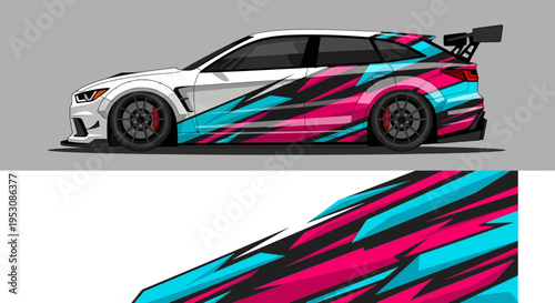 Vibrant custom-wrapped sports car with bold color stripes and aerodynamic spoiler.