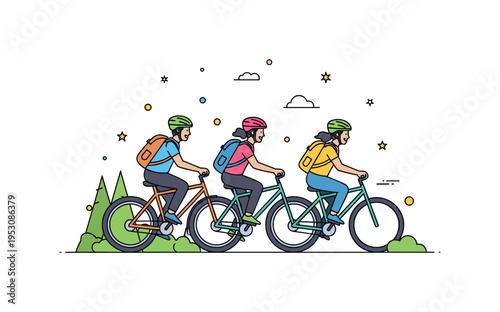 Friends cycling together on a scenic trail with helmets and backpacks, highlighting outdoor activity, friendship, and enjoyable exercise. Minimalist flat