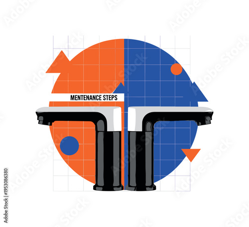 Black and white kitchen faucet handles arranged symmetrically, oversized semicircle backdrop and thin grid lines suggesting maintenance steps, vivid orange and