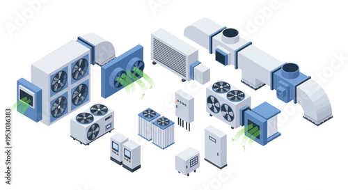 Isometric HVAC and Refrigeration Equipment Collection for Industrial Use.